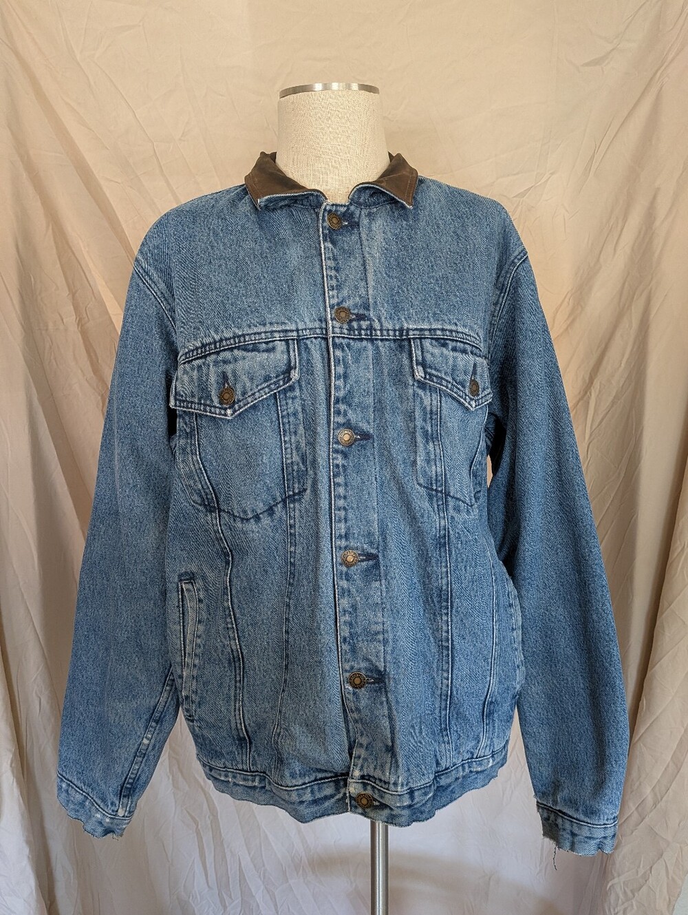 Cabela's Light Blue Denim Jacket with Leather Collar and Flannel Lining